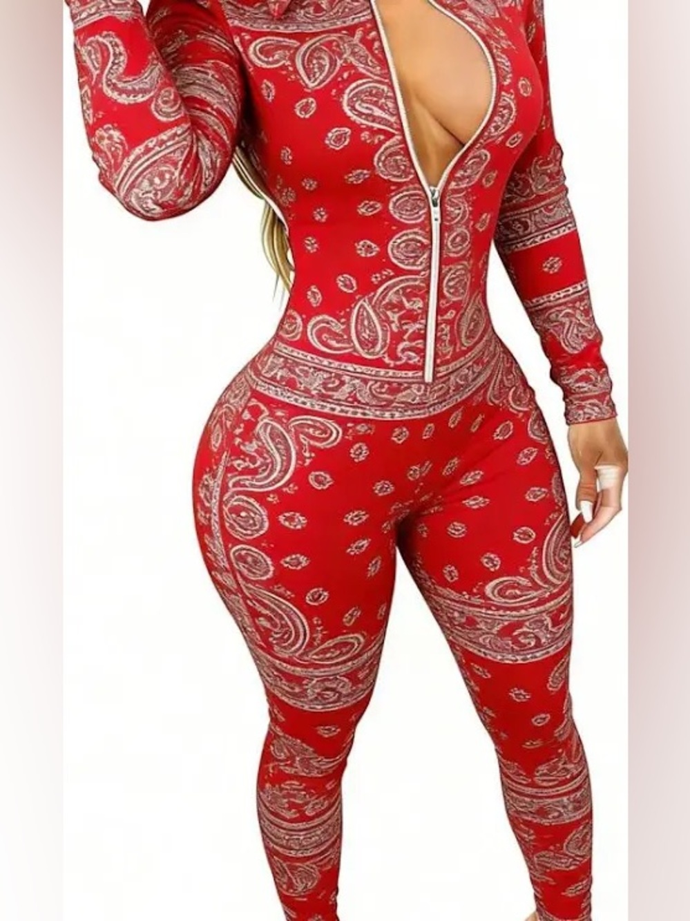 Red Paisley Zip-Front Jumpsuit